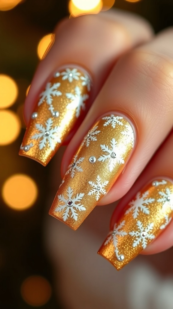 Elegant gold Christmas nails with snowflake designs and gems.